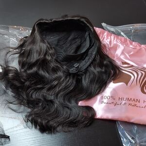 16 In 180% Density Body Wave Human Hair Half Wig 3-in-1 Drawstring Natural Black